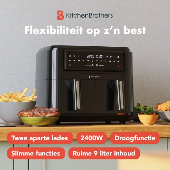 Airfryer XXL Double Zone - KitchenBrothers - 9L - 2400W - Friteuse à air chaud - 50ºC à 200ºC - 10 programmes de cuisson - Noir