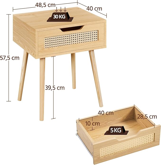 Table de chevet Yaheetech avec tiroir en rotin – Marron clair – 48,5 x 41 x 57,5 cm – Pieds en bois