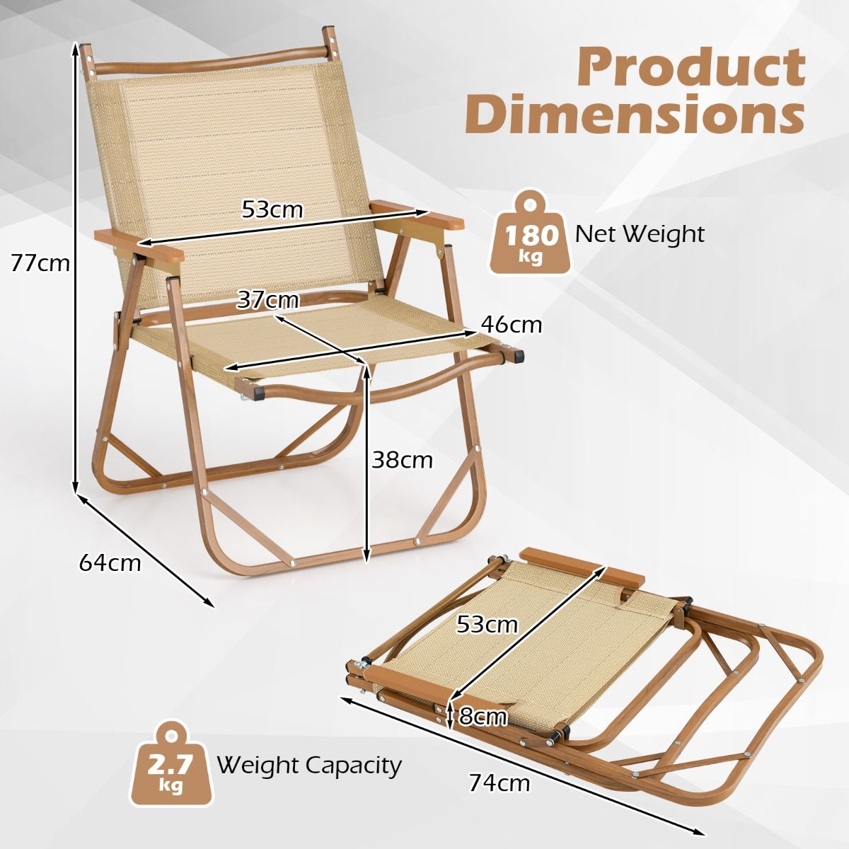 Lot de 2 chaises de camping pliantes Coast - Structure en aluminium légère - Conception ergonomique - Beige