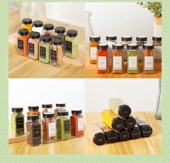 S.old - 36 pots à épices en verre carrés avec couvercle noir - Spice Spreader - Set complet avec couvercles à saupoudrer, autocollants préimprimés et entonnoir - Capacité 120 ml - 10,5 x 4,3 cm