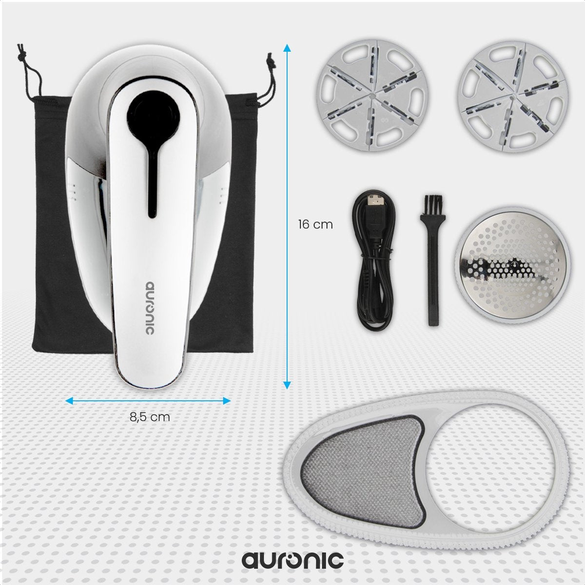 Auronic Electric Lint Remover - Sans fil - 2 accessoires supplémentaires - Blanc
