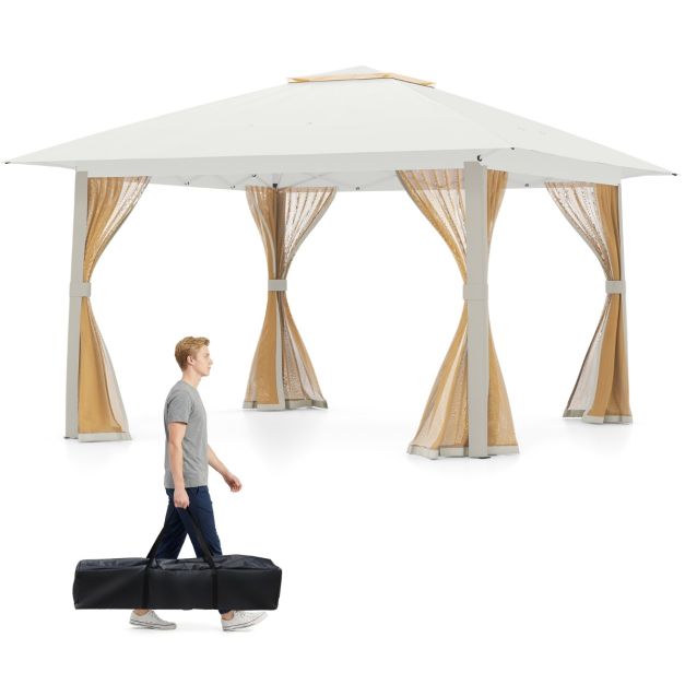 Pavillon éphémère Coast 394 x 394 x 277 cm - Panneaux latéraux en filet - Double toit - Sac de transport - Beige
