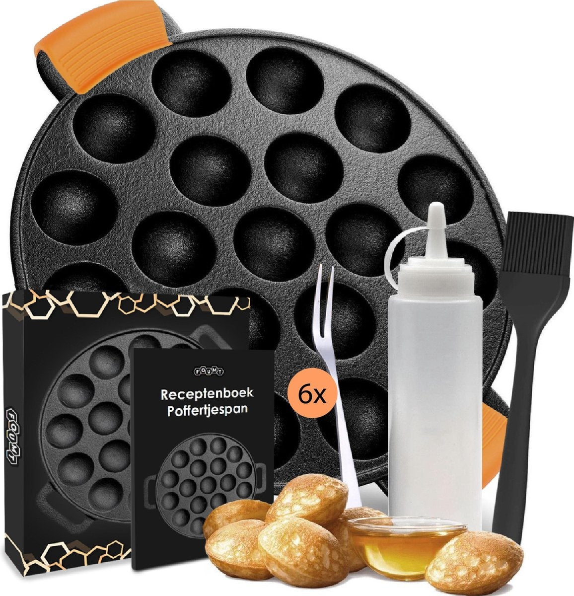 Set de Poffertjes - Ocina -19 Poffertjes - Compatible Induction - Inclus : Bouteille Doseuse, 6 Fourchettes et Gants Résistants à la Chaleur - Livre de Recettes Offert