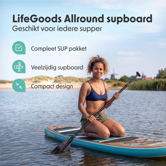 LifeGoods PaddlePro SUP Board - with Seat - Inflatable Paddle Board - Complete Set - Max. 150KG - 320x81cm - Bois/Bleu