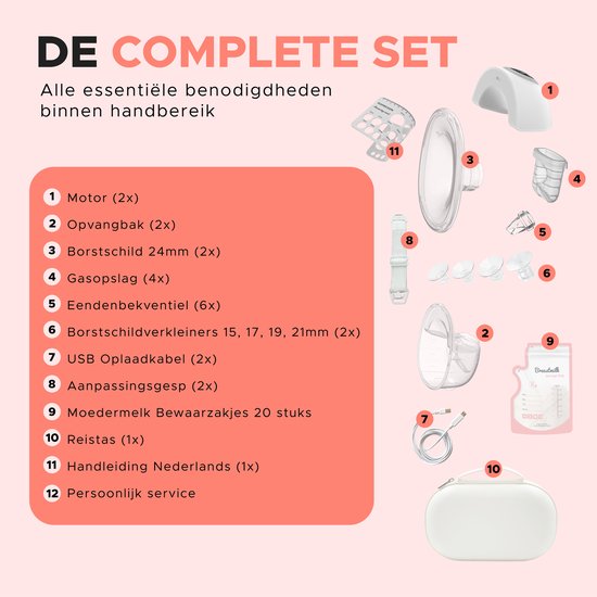 Tire-lait mains libres Mellons - Sans BPA - Double tire-lait électrique avec pochette de voyage - Comprend 20 poches de stockage de lait maternel, une jauge de mamelon en silicone et des réducteurs de bouclier mammaire - Lunea