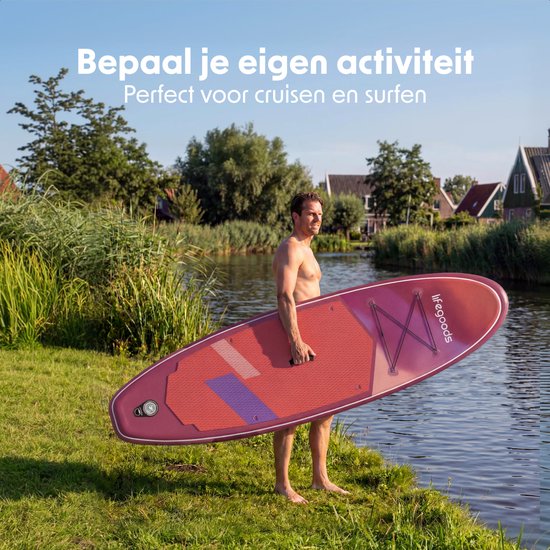 LifeGoods SUP Board All-round Compact - 100 KG Load Capacity - 300 x 76 cm - Inflatable - Complete SUP Package - Red/Lilac