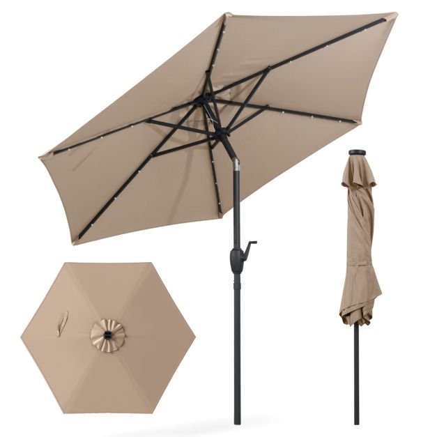 Parasol de terrasse robuste avec éclairage LED 230 cm - Marron - Inclinable avec Manivelle et Ventilation