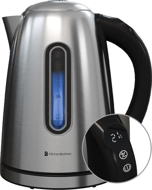 KitchenBrothers Bouilloire - avec contrôle de la température - électrique - avec filtre anti-calcaire - 1,7L - acier inoxydable