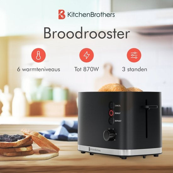 KitchenBrothers Toaster - Grille-pain - 6 niveaux de chaleur - 2 fentes extra-larges - 870W - Noir