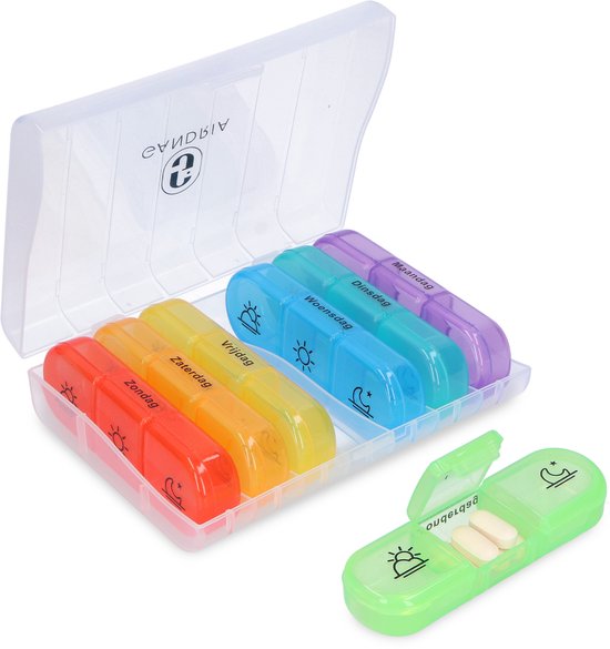 Pilulier Gandria 7 jours - Pilulier amovible - Boîte à médicaments avec 21 compartiments - Boîte à médicaments avec fermeture solide - 3 compartiments par jour - 7 couleurs