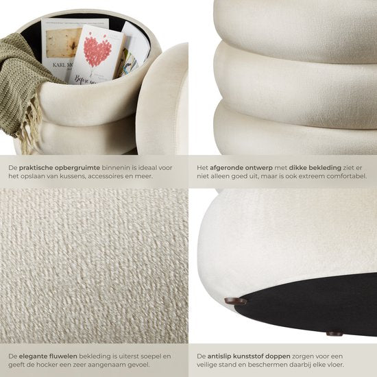 tectake® Tabouret avec rangement - Tabouret scandinave en tissu velours - Tabouret rembourré rond pour coiffeuse, chambre, salon ou comme meuble d'entrée - Tabouret de rangement - crème