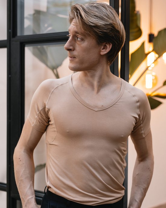 Anti Sweat Shirt - Fibershirts® - Coussinets d'aisselles cousus - Maillot de corps - beige - Col en V - Hommes - Taille M