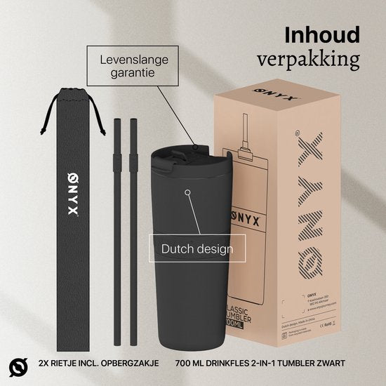 ONYX Bouteille à boire avec paille 700ML - Bouteille d'eau pour enfants et adultes - Tasse thermos en acier inoxydable Mug de voyage - Buveur motivé - Tasse à boire pour l'école - Noir