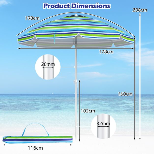 Costway Parasol de plage - inclinable et sac de transport inclus - 178 x 178 x 206 cm - bleu/vert