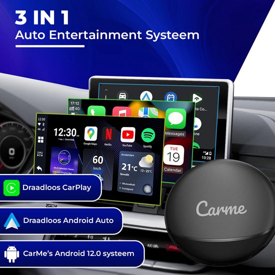 CarMe CarPlay AI Box - Installez n'importe quelle application sur l'écran de votre voiture - Youtube & Netflix - Mettez à jour CarPlay et Android Auto - Dongle CarPlay - Dongle Android Auto - Dernier modèle 2024 - Noir