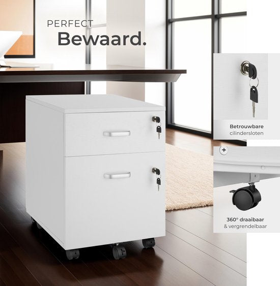 tectake® Meuble à tiroirs - Avec 2 tiroirs verrouillables, roulettes verrouillables - Meuble à roulettes - Organisateur - Parfait pour un lieu de travail organisé - Bureau, bureau d'étude, home office - Blanc