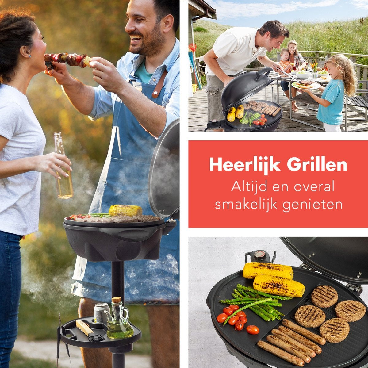 KitchenBrothers Barbecue électrique - avec plaque de cuisson - antiadhésif - étagère/porte-objets inclus - 2400W - Noir