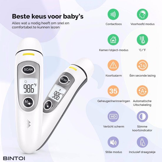 Bintoi® Thermomètre frontal - Indicateur de température - Thermomètre de fièvre pour adultes et bébés - Thermomètre infrarouge - Thermomètre frontal numérique