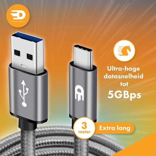 Drivv. Câble USB vers USB C - Chargeur rapide - Câble de données et de charge USB C - 3 mètres - Convient à Samsung, iPhone 15 et autres - Gris spatial