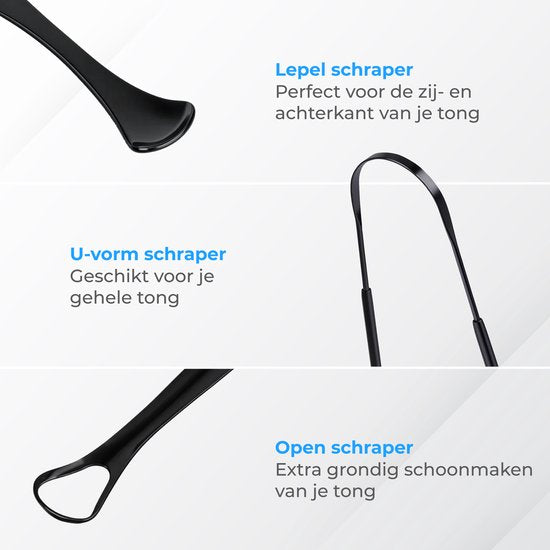 Grattoir à langue professionnel Nuvance - Kit 3 en 1 - pour l'hygiène bucco-dentaire - Nettoyeur de langue - Grattoir à langue - Tongue Scraper - Acier inoxydable - Noir