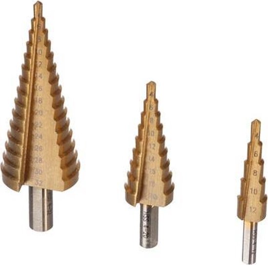 Foret étagé Toolland HSS, pour tous métaux, revêtement titane, jeu de 3 pièces, tailles Ø 4-12/4-20/4-32 mm