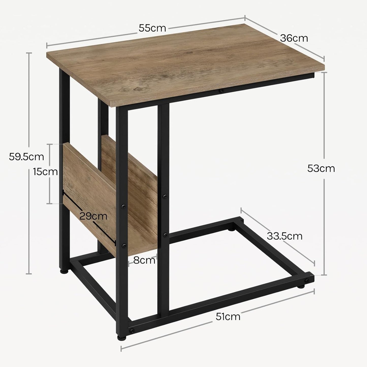 Table d'appoint Woltu en forme de C avec étagère de rangement - Aspect bois gris - Métal - 55 x 36 x 59,5 cm