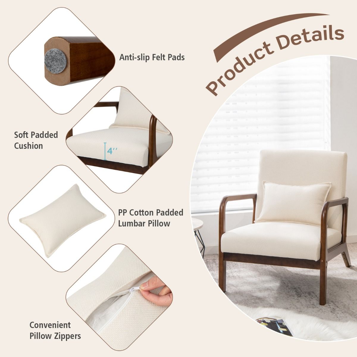 Coast Armchair Chaise longue tapissée avec accoudoirs, bois d'hévéa, beige, 65 x 79 x 77 cm