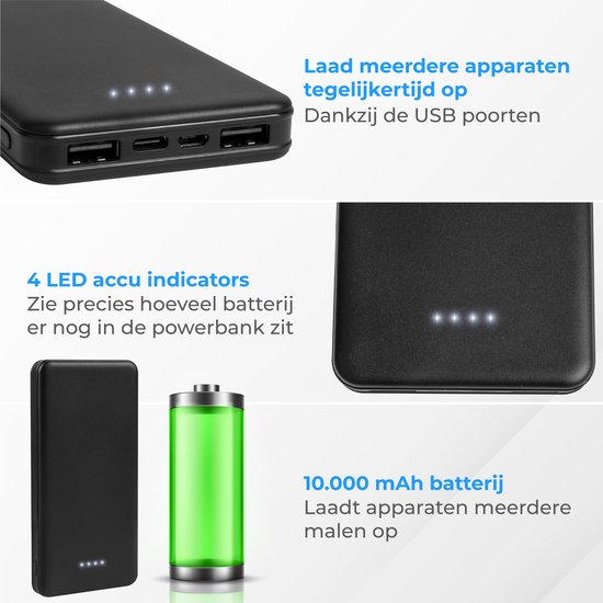 Nuvance - Powerbank 10000 mAh - Chargeur rapide - Design compact - 2x USB, USB-C & Micro USB - Powerbanks universelles pour Smartphones, Tablettes & Gadgets - Batterie externe - Noir