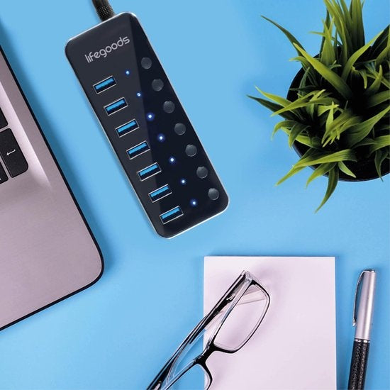 Auronic USB Hub 3.0 - Répartiteur USB avec 7 ports - avec alimentation - 5 GBP - Indication Led - Noir