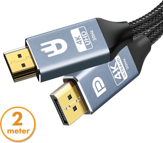 Drivv. Câble Premium Displayport vers HDMI - 4K 30hz - Nylon - 2 mètres - Gris