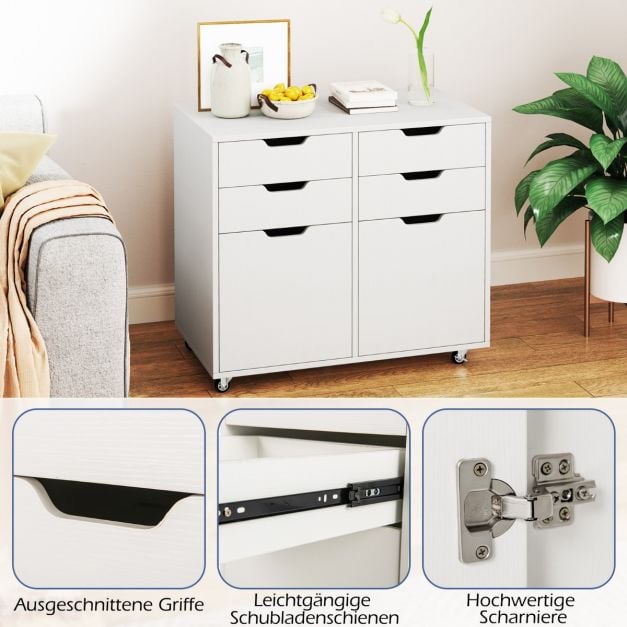 Armoire d'archivage à roulettes Coast – 4 tiroirs et 2 portes – 73 x 40 x 64,5 cm – Blanc