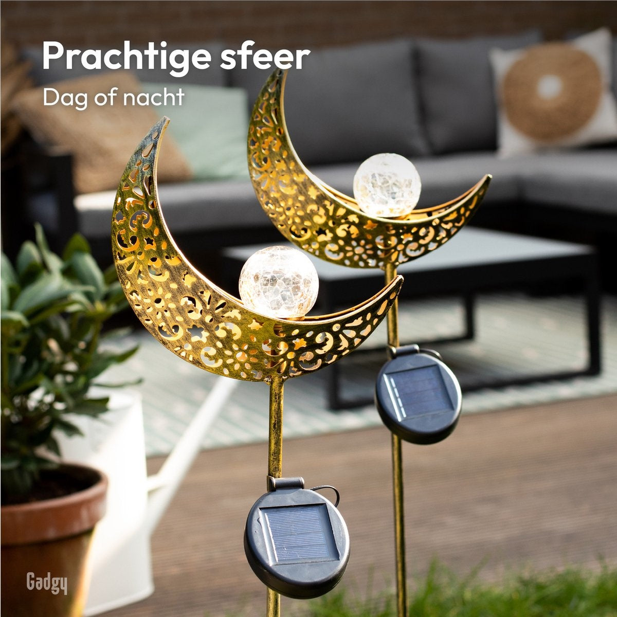 Gadgy Solar Tuinverlichting - Maan Lamp met grondspies - Tuinverlichting op zonneenergie Buiten - Set van 2 st. - Led Buitenverlichting met Sensor - Tuinlantaarn - Tuinfakkel 88 cm hoog - Tuinsteker - Brons - Metaal