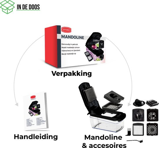 Mandoline Stosh - Coupe-légumes - Coupe-oignons - Coupe-spirale - 7 pièces - Noir - Sans BPA