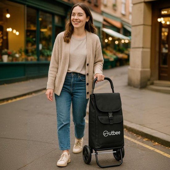 Outbee Chariot de courses - Pliable - Polyester - Avec roues EVA - Cadre en aluminium - Capacité de charge 45 kg - Noir