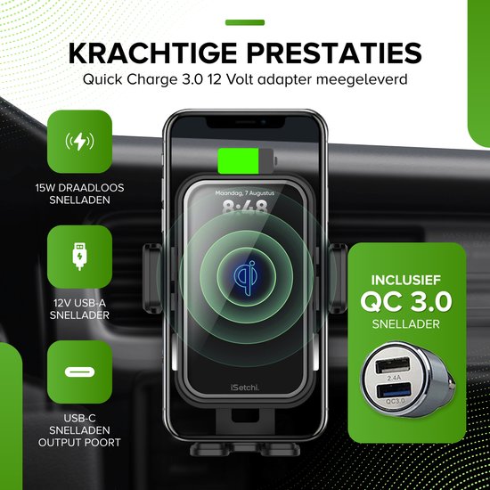 iSetchi Telefoonhouder  - Qi Draadloze Oplader - 15 Watt Snellader - Ventilatierooster