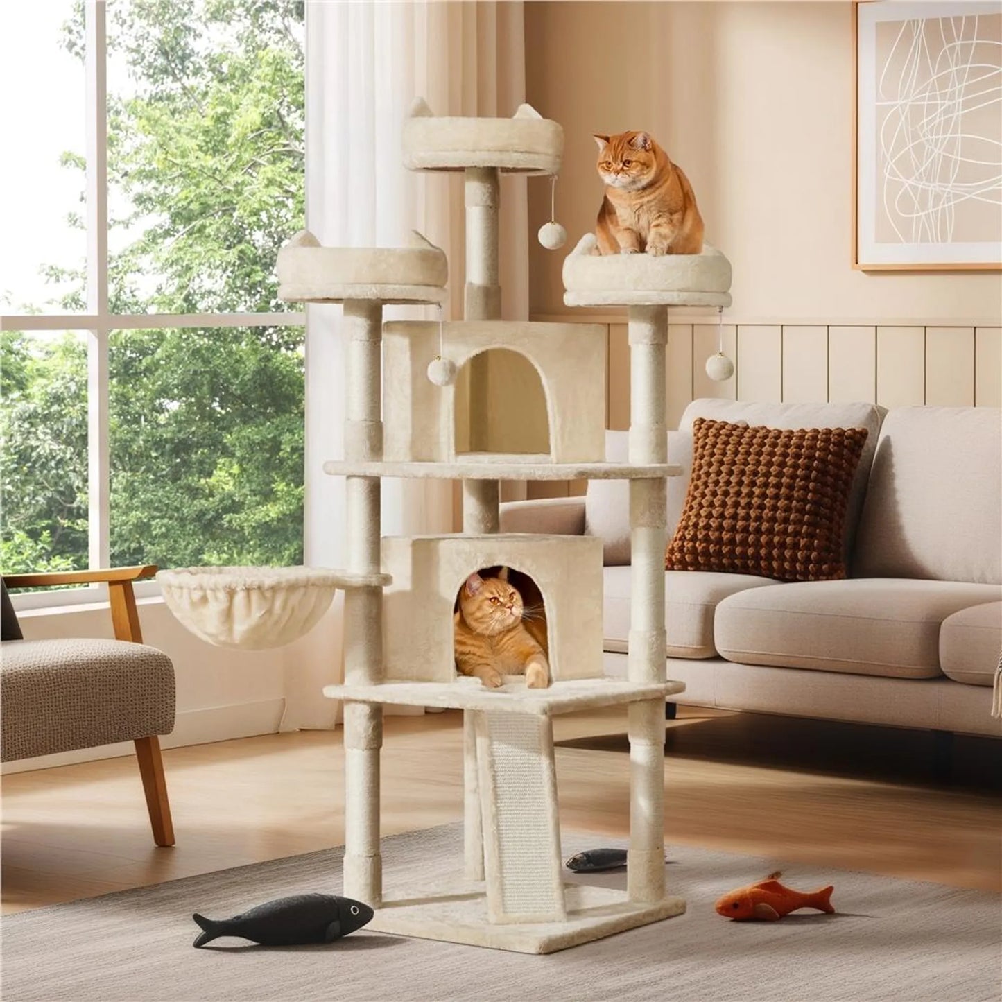Yaheetech Cat Post XXL avec 3 plateformes d'observation - équipé de 2 terriers, d'une planche à gratter et d'un système anti-piqûres - pour les foyers avec plusieurs chats - beige peluche et sisal - 55,5 x 55,5 x 175 cm