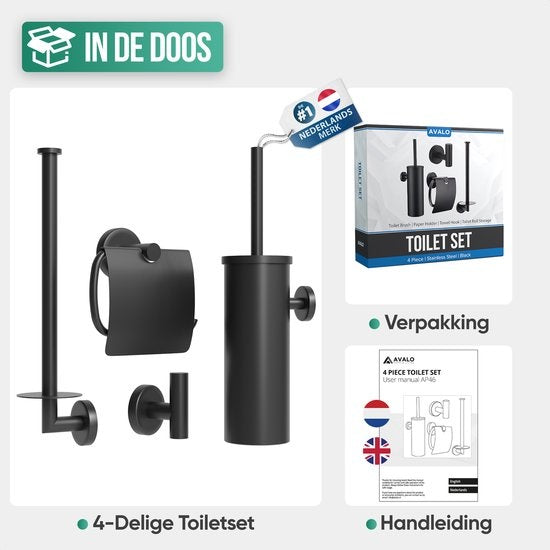 Avalo Toilet Accessories Set Black 4-Piece - Luxury Toilet Set - Brosse de toilette avec support / Porte-rouleau de toilette / Porte-rouleau de rechange / Crochet pour serviettes - Matériel de fixation inclus