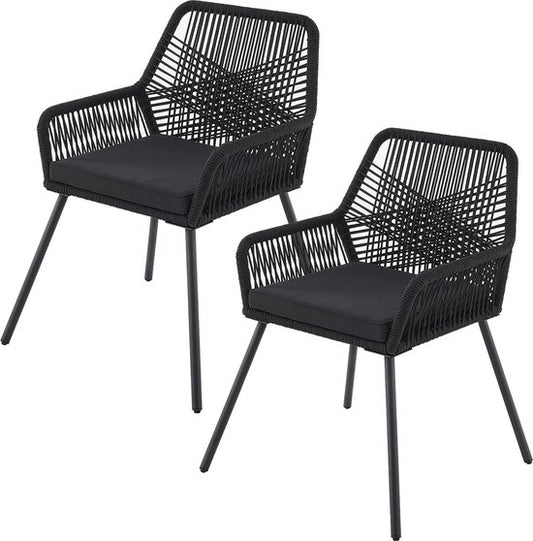 Chaise de jardin 2 pièces Kastos avec corde en maille - Noir - Coussin de siège inclus