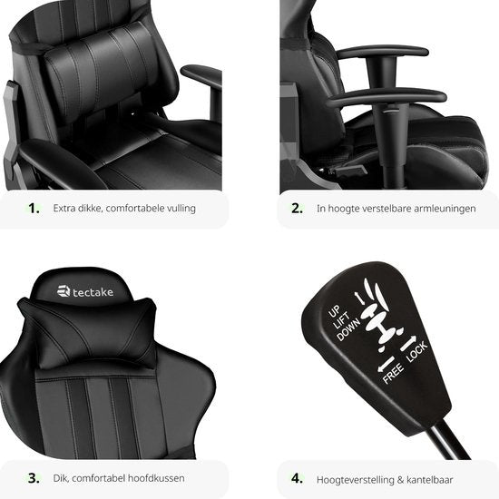 tectake® - bureaustoel gamingchair - luxe burostoel kantoorstoel - racingstoel burostoel gamestoel - zwart - kunstleer - verstelbaar - incl. rug- en nekkussen
