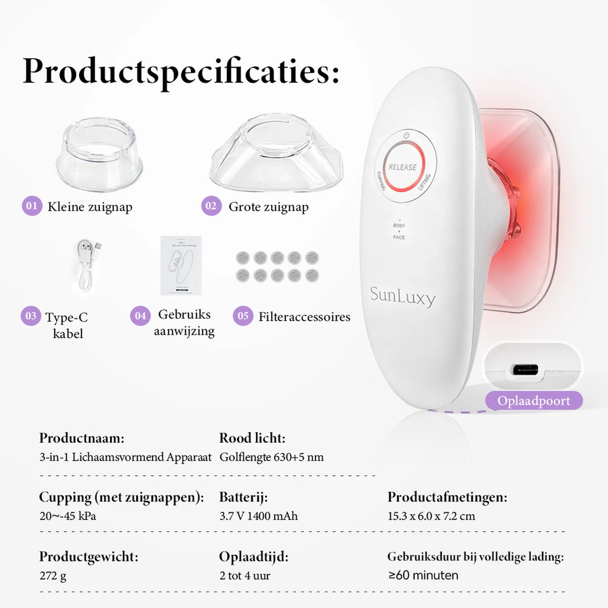 Appareil de massage anti-cellulite Sunluxy BCE1 - EMS + vide + lumière rouge - 3 modes pour le corps et le visage - rechargeable - 19,4 x 17 x 7,8 cm
