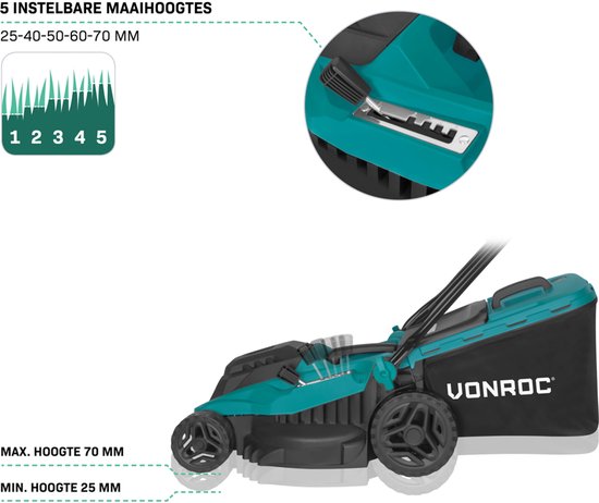 Tondeuse à gazon VONROC - 1600W - Largeur de coupe 38 cm - Cinq hauteurs de coupe réglables : 25/40/50/60/70 mm - Bac de ramassage 42L inclus