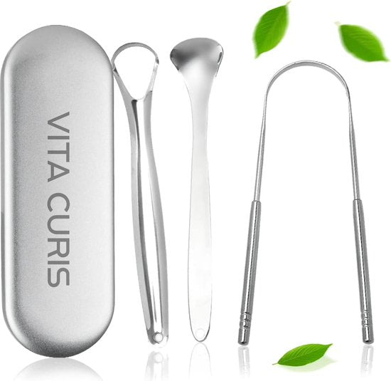 Vita Curis - Grattoir à langue professionnel - Soins bucco-dentaires - Acier chirurgical 100 % antibactérien - Nettoyeur de langue - Grattoir à langue