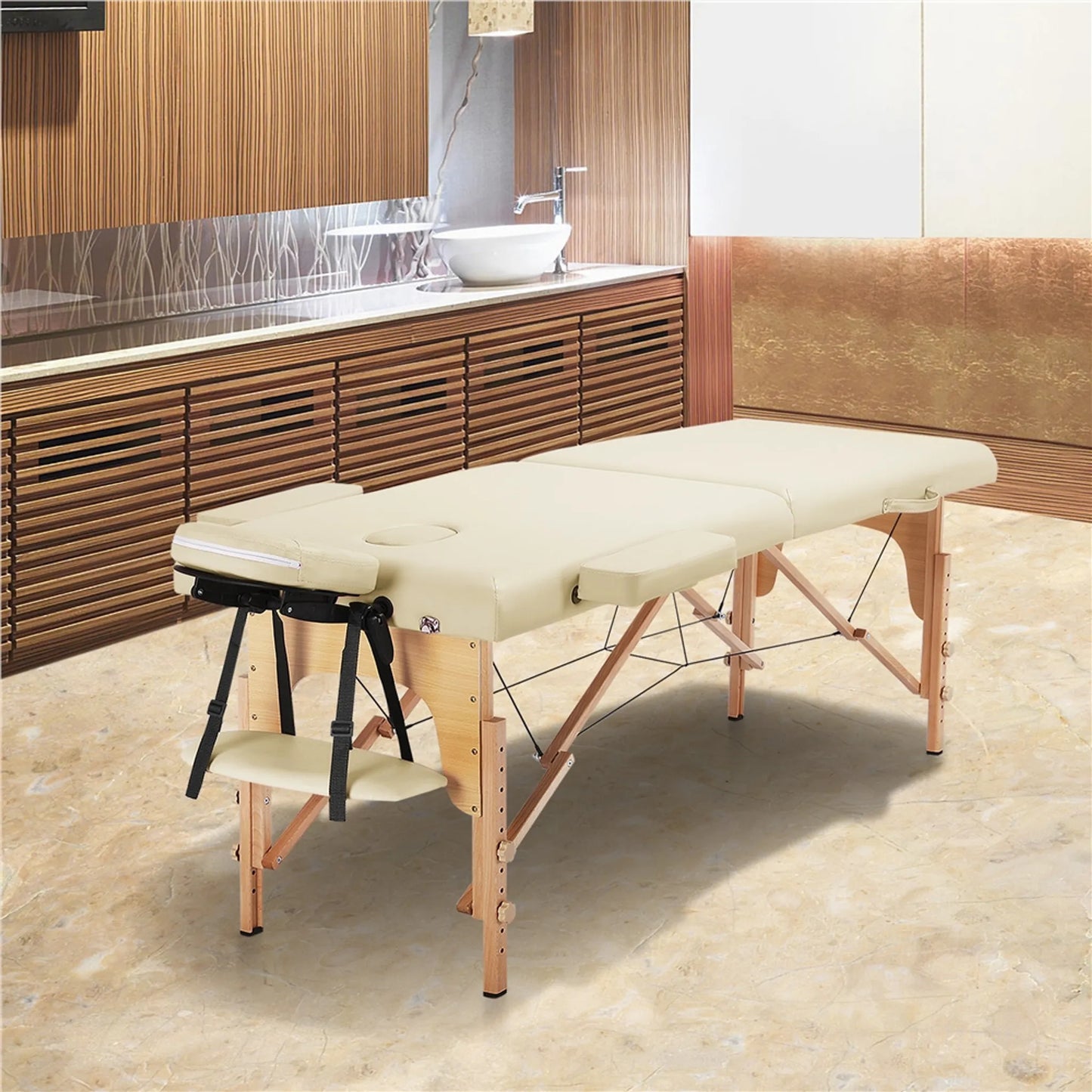 Yaheetech Table de massage pliante - 213 x 82 x 64-85,5 cm - équipée de pieds en hêtre, d'un appui-tête réglable et d'un sac de transport - pour les salons de beauté et les studios de massage - en simili-cuir et bois de couleur crème