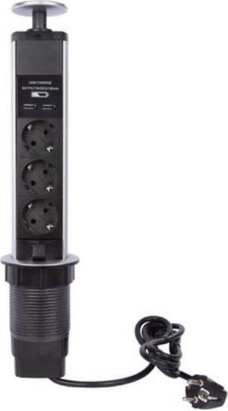 Perel Pop-up socket, 3 prises avec terre de protection (type F), 2 ports USB, trou de montage 71 mm, utilisation intérieure, noir/gris