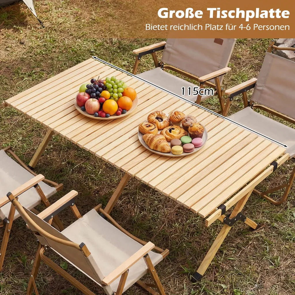 Table de camping pliable Coast 122 × 60 × 45 cm – Table de pique-nique en bois pour 4 à 6 personnes avec plateau enroulable et sac de transport – Naturel