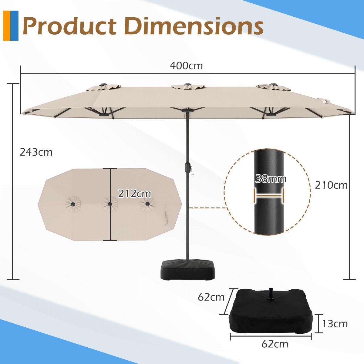 Parasol de terrasse double Coast - très grand format - avec manivelle et pied lesté - beige 400 x 212 cm