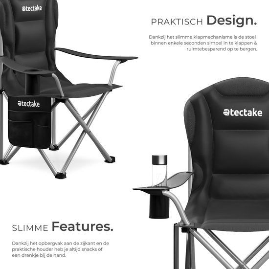 tectake® Chaise de camping - Chaise pliante - Avec porte-gobelet, compartiment de rangement et sac de transport - Chaise de luxe pour l'extérieur - Chaise Glamping