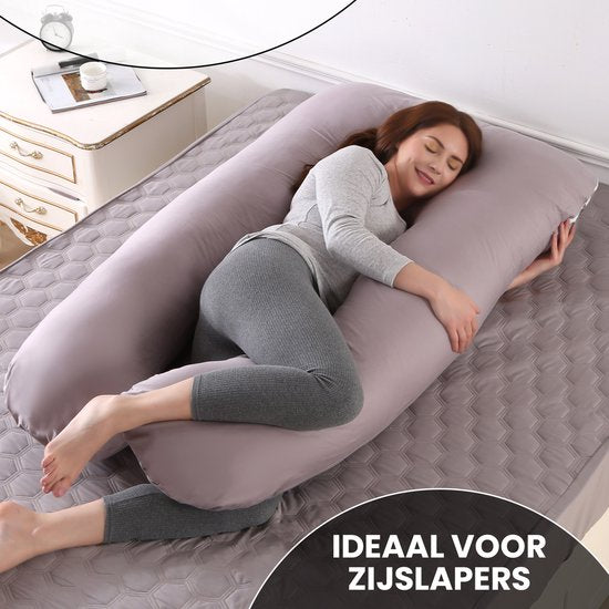 Oemmie Oreiller de grossesse - Oreiller d'allaitement - Oreiller de sommeil en soie - Oreiller de corps - Forme en U - 140x80 cm - Gris