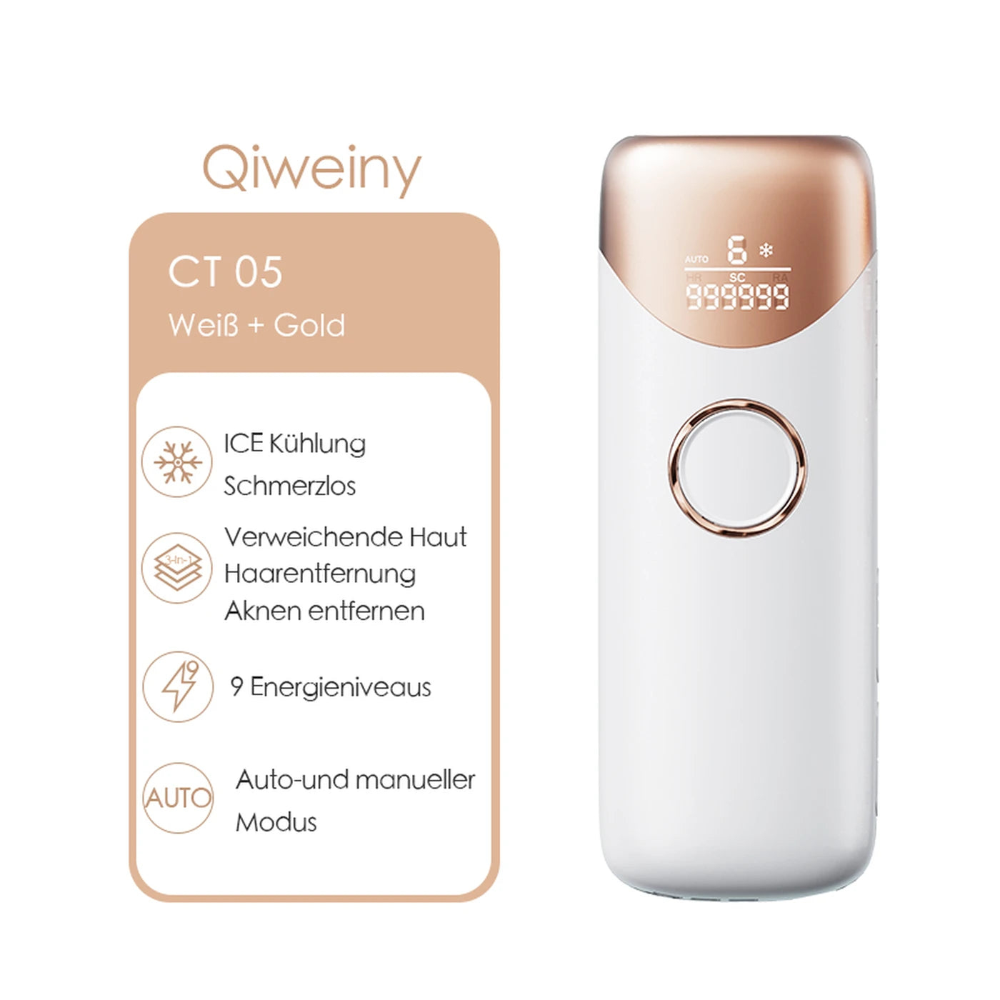 Appareil d'épilation IPL Qiweiny CT05 - Refroidissement par glace - 9 niveaux d'intensité - 3-en-1 - Blanc