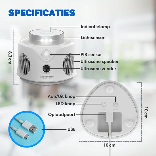 Vulpes Goods® Repellent - Répulsif à souris à ultrasons - Répulsif pour l'intérieur - Lutte contre les souris et les insectes respectueuse des animaux - Piège à souris respectueux des animaux - Protection à 360 degrés - Répulsif pour les nuisibles - Versi